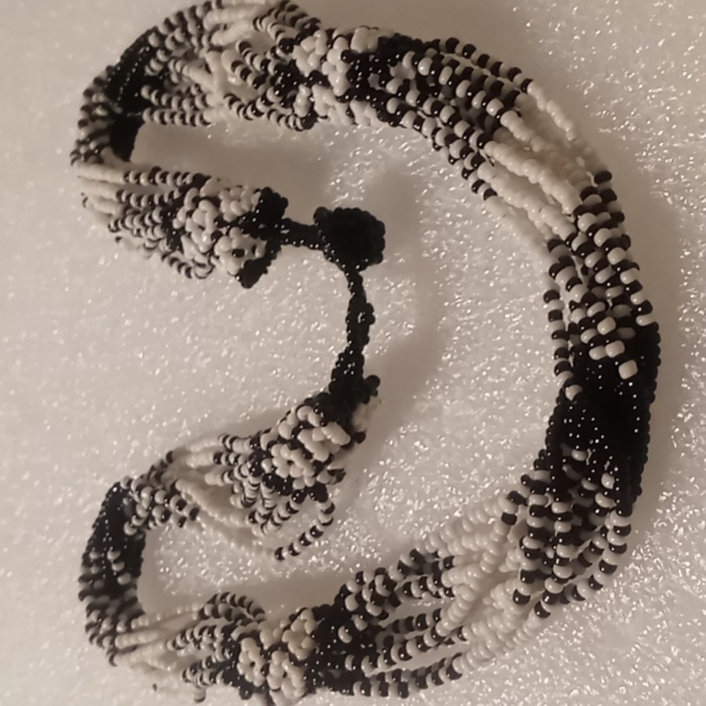 Seed bead woven necklace black & white 18+1 inches long. 10 strand layered